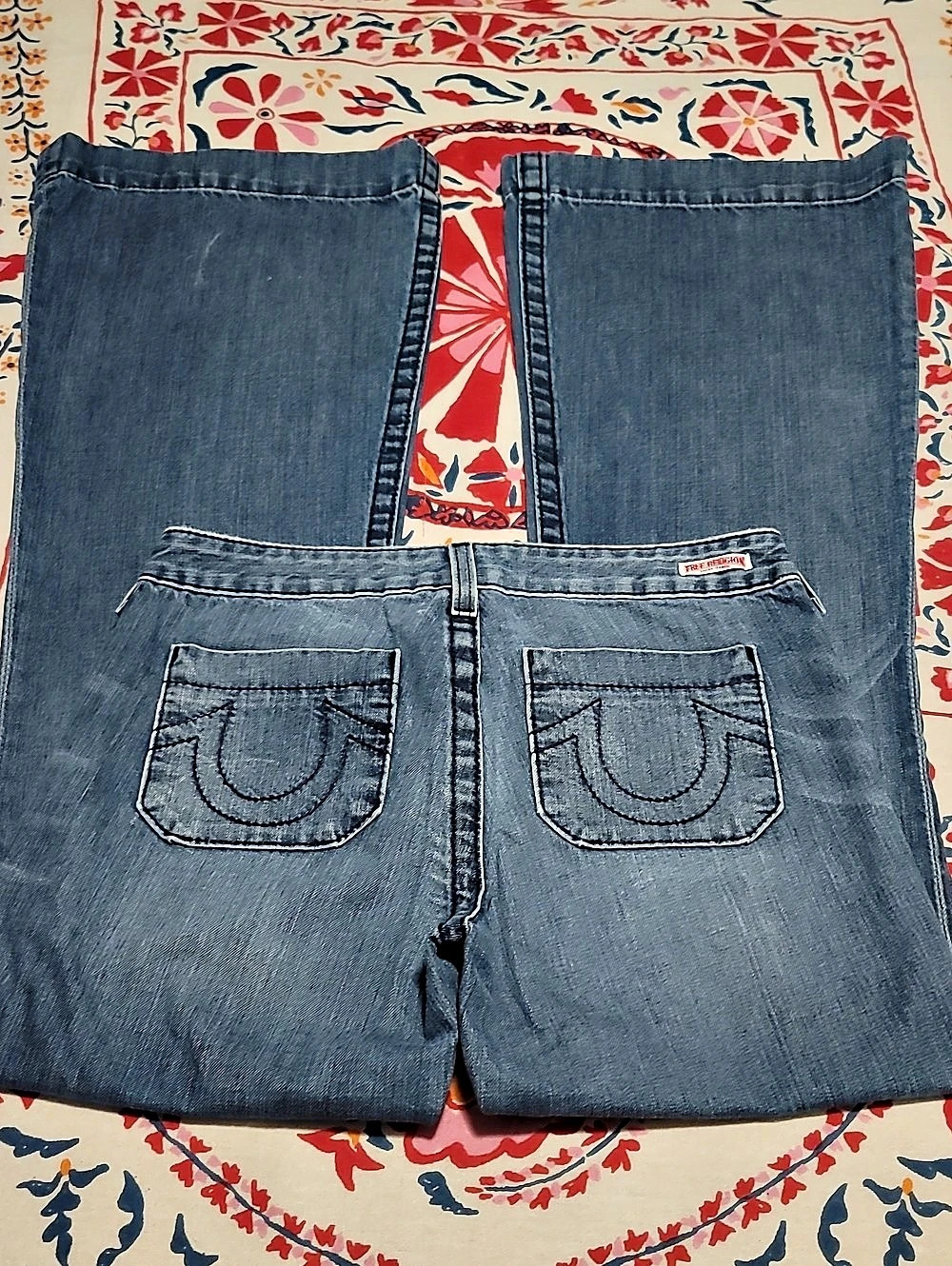 True Religion Womens Boho Flare Wide Leg Blue Denim Jeans With Five Button Fly